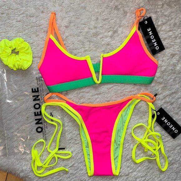 NWT OneOne Swimwear Bikini Set Manhattan Neon Pink Jenna Alexa NEW Yellow Green - Picture 6 of 6